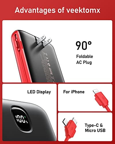 VEEKTOMX Portable Charger with Built in Cables 20000mAh, Power Bank for iPhone with AC Wall Plug, Fast Charging USB C Slim Battery Pack with LED Display Compatible with iPhone 17/16/15, Samsung 5