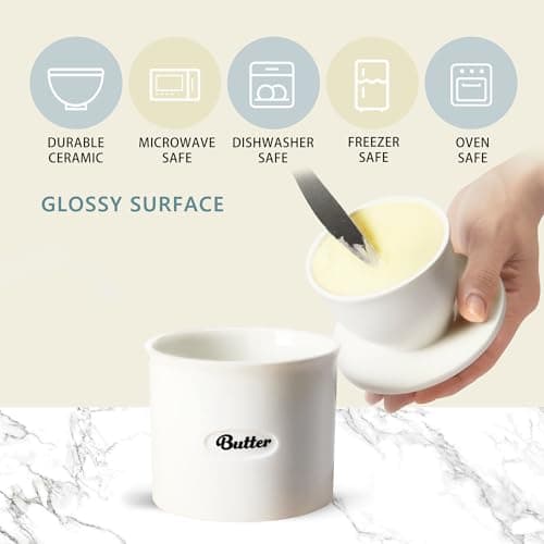 Rucoreon French Ceramic Butter Crock with Lid, 8.45oz Inverted Water Seal Butter Keeper for Soft, Spreadable Butter at Room Temperature, Lead-Free Dishwasher Safe 7