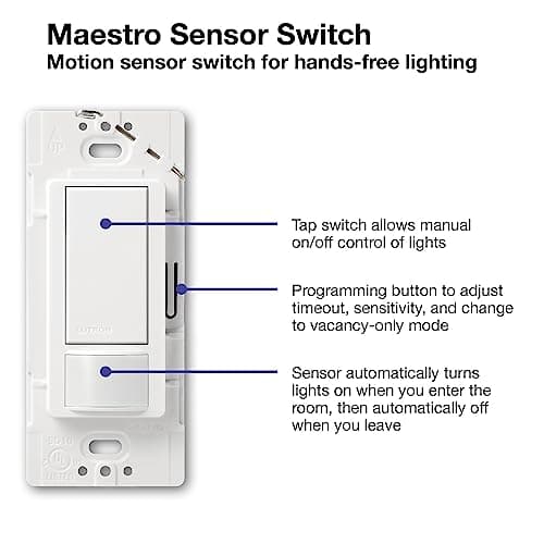 Lutron Maestro Motion Sensor Light Switch Indoor for Bathroom, Garage, Laundry Room, Any Bulbs, Occupancy Vacancy Sensor, Single-Pole, MS-OPS2-WH, White 13
