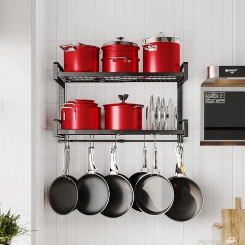 19"- 30" Expandable Hanging Pot Rack, 2 Tier Heavy Duty Wall Mounted Pots and Pans Organizer with 10 Hooks and 5 Pot Lid Holders, Pot Hanger Shelf for Kitchen Cookware Utensils Organizers and Storage 7