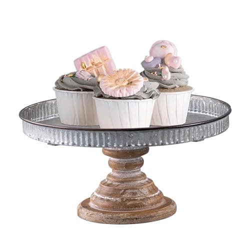SOFE Rustic Galvanized Metal Cake Stand, Cupcake Stand Rustic Round Dessert, Appetizer Display Riser Stand with Wood Base Table Centerpiece for Wedding, Birthday, Party, Dining Room Kitchen Supplies