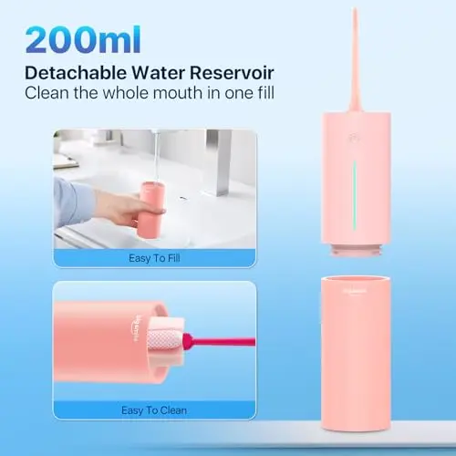 Water Flosser Powerful Cordless Dental Irrigator for Kid Braces Travel Shower to Help Prevent Infections and Bad Breath Pick Floss IPX7 200ML (Pink) 5