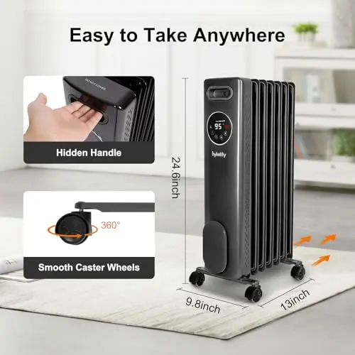 hykolity 1500W Oil Filled Radiator Heater with Remote, 24H On Off Timer, Digital Thermostat,4 Mode Electric Radiant Heater, ECO, ETL Overheat & Tip-Over Protection Indoor Space heater,Grey 8