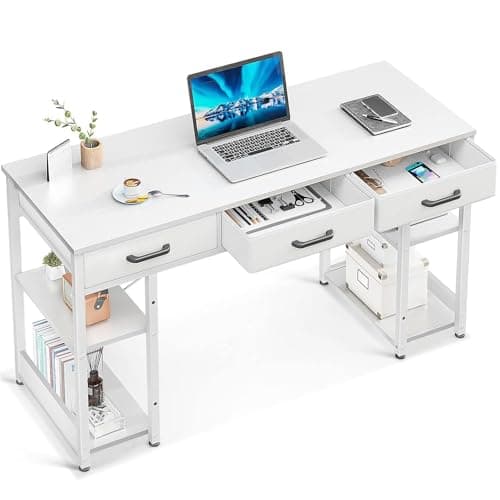 ODK Office Small Computer Desk: Home Table with Fabric Drawers & Storage Shelves, Modern Writing Desk, White, 48"x16"