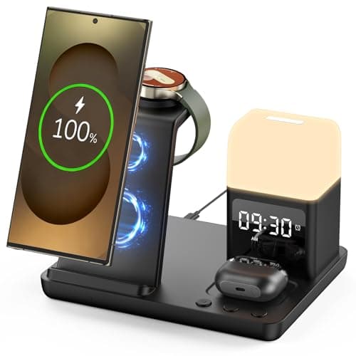 Wireless Charger for Samsung/Android,6 in 1 Alarm Clock Charging Station for Bedrooms with Bedside Clock Night Light for Samsung S25/S24/S23 Ultra/Buds,Watch Charger only for Galaxy Watch 8/7/6-Black