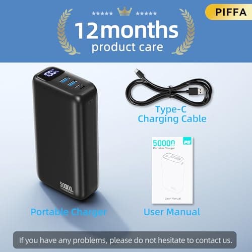 PIFFA 50000mAh Portable Charger Power Bank,22.5W Fast Charging Portable Phone Charge USB-C PQ3.0 QC4.0,LED Display, Battery Pack for iPhone 17/16/15 Pro Samsung Google, for Travel Camping Essential 8