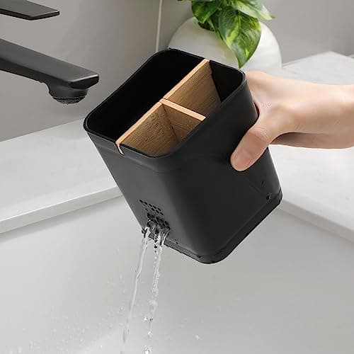 Electric Toothbrush Holder 3 Slots Tooth Brushing Holder with Bamboo Dividers for Bathrooms, Plastic Toothbrush and Toothpaste Organizer for Shower, Countertop, Vanity, Black 5