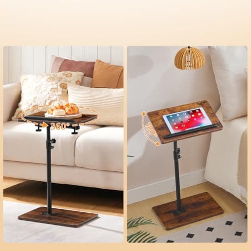 MAHANCRIS TV Tray Table, Sofa Armrest Tray Table for Couch, 360° Swivel Height Adjustable End Table, Snack Side Table with Phone and Tablet Slot, C Shaped Rustic Brown ETRB4501 8