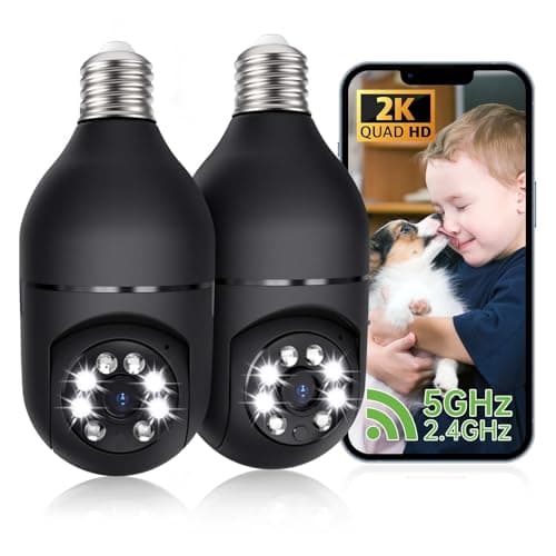 2K Light Bulb Security Camera, 2.4/5GHz Wi-Fi 6 Security Cameras Wireless Outdoor, 360° PTZ Cameras for Home Security with Color Night Vision, Human Detection, 2 Way Talk, Easy Installation, 2 Pack