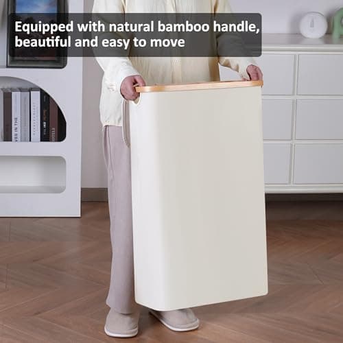 Merkisa Slim Laundry Hamper,Narrow laundry Hamper with Lid,60L Hamper for Laundry,Dirty Cloth Hamper with Bamboo Handle for Toys,Towels, Clothes Organizing,Beige 6