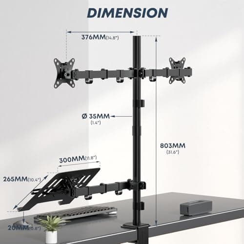 Dual Monitor Stand and Laptop Mount Fit Two 17 to 32 Inch Monitor and 10 to 17 Inch Laptop,Extra Tall Adjustable Stand,19.8 lbs Weight Capacity per Arm,Black 5