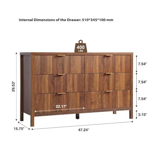 6 Drawer Dresser Cabinet, Long Nightstand with Drawers and Storage Cabinet, Farmhouse Solid Wood Dresser TV Stand, Mid Century Modern Nightstand with 6 Drawer Side Table for Bedroom Closet (Walnut) 8