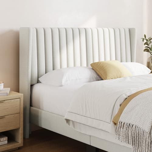 Yaheetech Queen Bed Frame Upholstered Platform Bed with Fabric Headboard, Wing Edge Design/Non-Slip and Noise-Free/Wooden Slats Support/No Box Spring Needed/Easy Assembly, Ivory Queen Bed 8