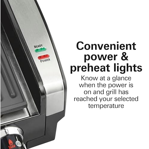 Hamilton Beach Electric Indoor Searing Grill with Viewing Window & Adjustable Temperature Control to 450F, 118 sq. in. Surface Serves 6, PFAS-Free Removable Nonstick Grate, Stainless Steel 6