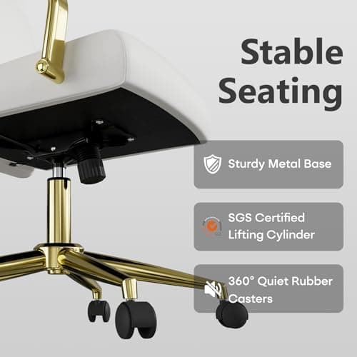 Genpo White and Gold Office Desk Chair Memory Foam, High Back Leather Executive Office Chair with Wheels and Arms for Women Girls Teens Adults 8