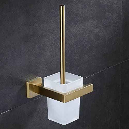 Brixline Upgraded Toilet Cleaner Bowl Brush and Holder Set Wall Mounted Modern Metal Glass Brushed Gold Scrubber Scrub Brushes Wand Household Supplies Essential Heavy Duty Best Home House Accessories 8