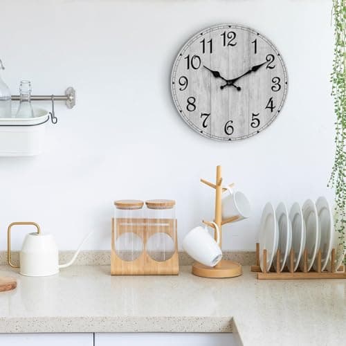HYLANDA Wall Clock, Rustic Wall Clocks Battery Operated Silent Non Ticking, Country Round Wooden Clocks Farmhous Wall Decorative for Kitchen, Bathroom, Living Room (Gray 8 Inch) 7