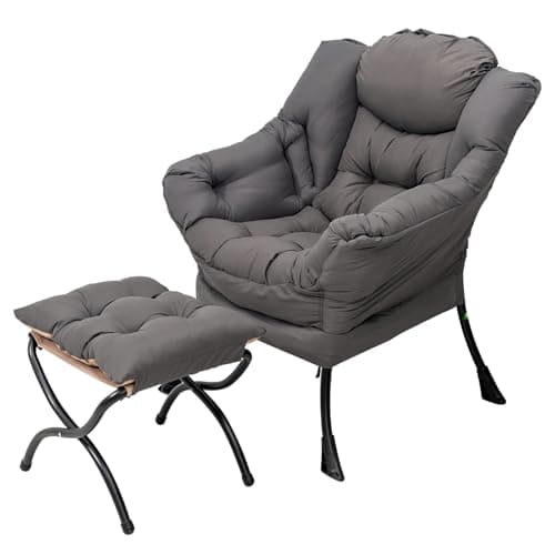 Welnow Lazy Chair with Ottoman, Modern Accent Chair with Armrests and a Side Pocket, Leisure Sofa Armchair, Reading Armchair with Footrest for Small Space, Dark Grey