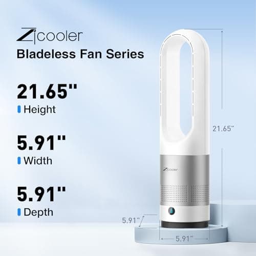 Zicooler Bladeless Fan for Bedroom, 22" Quiet Oscillating Tower Fan with Remote, 8 Speeds, 90° Wide-Angle, 35dB Quiet, 9H Timer, LED Display, Compact Bladeless Tower Fan for Living Room Office Kitchen 7