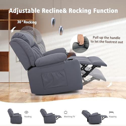 Ketaiyou Rocker Swivel Recliner Chair for Adults, Overstuffed Large Manual Recliner Glider with Massage and Heat, Comfy Soft Fabric Living Room Reclining Sofa Chair (Technical Grey) 7