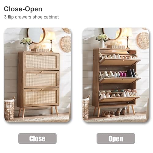 Anewome Rattan Shoe Cabinet, Slim Shoe Storage Cabinet for Entryway, 9.5" Narrow Flip Down Shoe Rack with 3 Drawers & Curved Corners, Freestanding Hidden Shoe Organizer, Natural Boho Style 7
