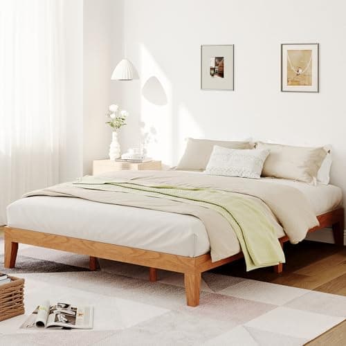 Queen Size Wood Platform Bed Frame-12 Inch Solid Wood Queen Bed Frame with Slat Support, No Box Spring Needed, Easy Assembly-Rustic Pine