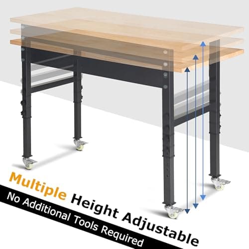 48" Adjustable Work Bench, Rubber Wood Top Workbench Heavy-Duty Work Table with Wheels, 2000 LBS Load Capacity Hardwood Work Benches for Garage, Workshop, Home, Office, Easy Assembly 7