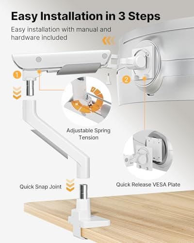 monTEK Sleek Aluminum Monitor Arm for 17–57” Ultrawide Screens up to 59.4 lbs, USB 3.0 A/C, Heavy Duty Single Monitor Arm Desk Mount, Pneumatic Lift, Quick-Release Plate, Clamp/Grommet, VESA 100x100 6