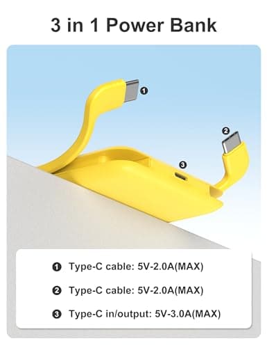 miisso 10000mAh Compatible with iPhone 15/16/17 and Android, Slim Portable Charger with Built in Cable, Power Bank Travel Charger External Battery Pack for Phone, 3 Output USB Type C Cord, Yellow 5