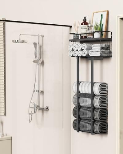 Aetyord Towel Racks for Bathroom 31inch Wall Mounted Towel Rack,Floating Shelf with Wood Plank,Towel Storage for Bathroom can Holds 6 Large Rolled Towels,All Black 5