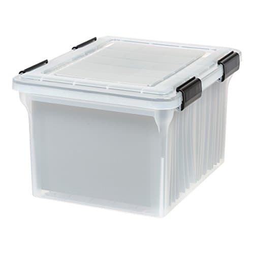 IRIS USA File Box WeatherPro File Organizer Plastic File Box for Letter/Legal File, Water Resistant Document Box, Durable Lid, Seal w/Secure Latching Buckles, Stackable, Nestable, Clear 32 Qt. 1 Pack