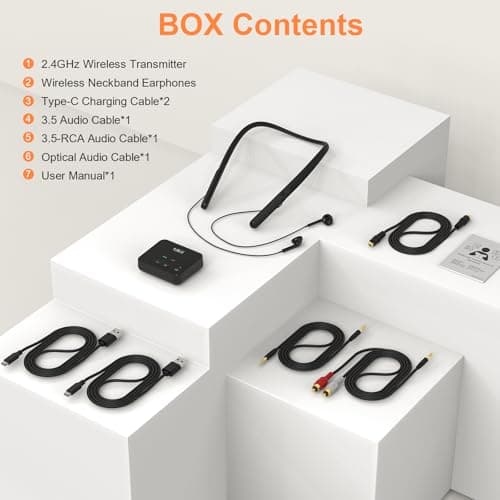 1Mii Wireless Headphones for TV, Wireless Neckband Earbuds for TV Watching for Seniors with Transmitter, No Audio Delay, Auto-Pair, Plug n Play, 3,5mm AUX/RCA/Optical,Lightweight and Comfortable 8