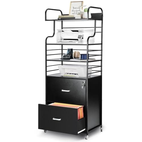 YORKING Vertical File Cabinet, 2 Drawer Mobile Filing Cabinet with 3 Bookshelf, Printer Stand with Open Storage Shelves Fits A4/Letter/Legal Size File Cabinets for Home Office Organizer, Black