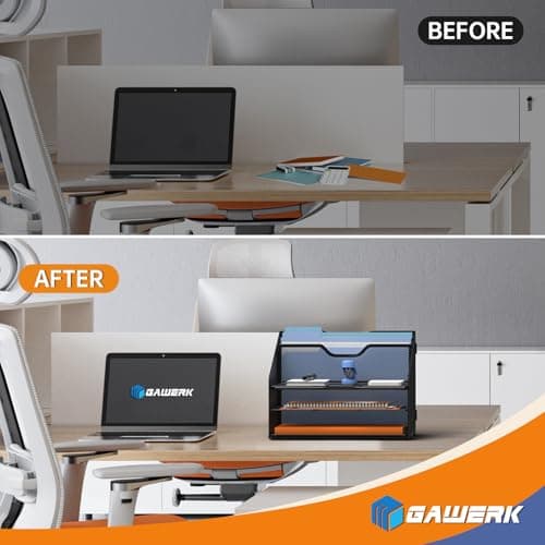 GAWERK Letter Tray Organizer, Mesh Desk File Organizer with 3 Paper Trays and 2 Vertical Upright Section, Blank 5
