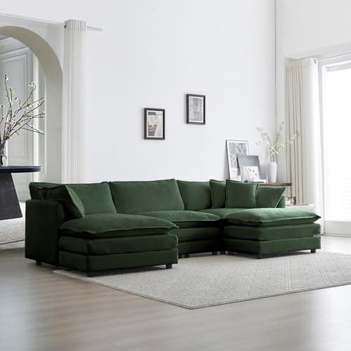 mikibama Modular Sectional Sofa, 111.5 Inch U Shaped Couch Set for Living Room, 3-Seater Comfy Cloud Couches with Movable Ottoman, DIY Combination, Chenille, Evergreen 8