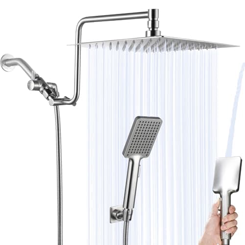 10" Rainfall Shower Head with Handheld Combo High Pressure, Upgrade 12" Extension Arm Height Adjustable, Powerful Stainless Steel Shower Head Brass Shower Holder Extra Long Shower Hose, Brushed Nickel