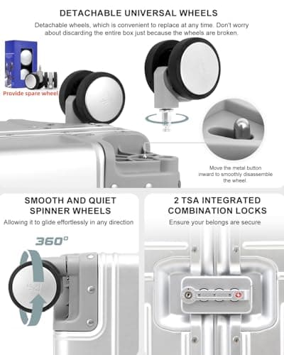 KANGSHILU All Aluminum 20'' Luggage with Removable Spinner Wheels,Provide Spare Wheels.Carry on Luggage 22 x 14 x 9 Airline Approved Lightweight Metal Hard Shell Zipperless Suitcase 5