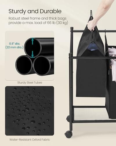 SONGMICS Laundry Sorter, Rolling Laundry Basket with 3 Removable Bags, Laundry Hamper, Laundry Cart, for Laundry Room, Bedroom, Bathroom, 3 x 11.9 Gallons, Ink Black URLS102B01 6