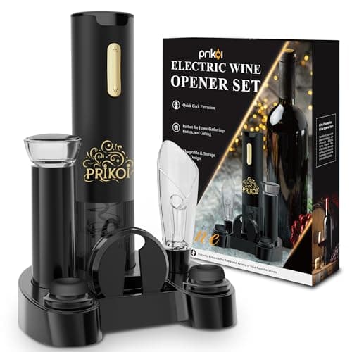 Prikoi Electric Wine Opener Set with Charging Base, Automatic Cordless Wine Bottle Opener with Aerator & Pourer, Foil Cutter, Vacuum Pump, and Stoppers for Home Party Christmas Day