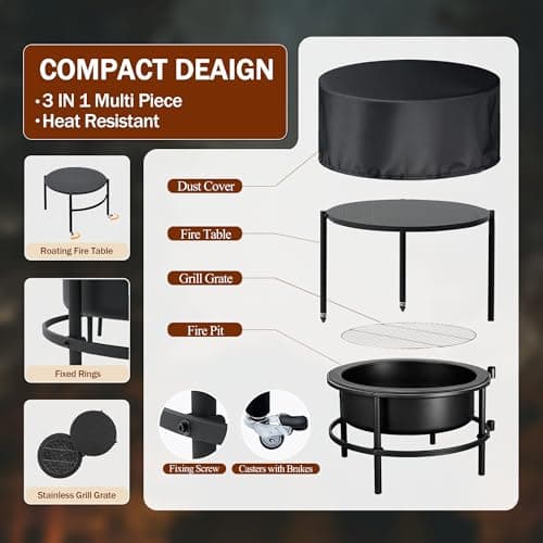 Fire Pits for Outside Wood Burning, Large Outdoor Fire Pit Stove with Roating Table and BBQ Grill, Cold Finished Steel Round Firepit Bowl with Poker, Waterproof Cover, Grill Brush 6