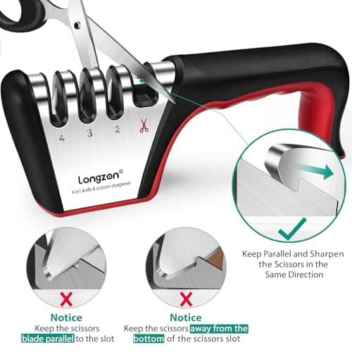 Longzon 4-in-1 Knife Sharpener [4 Stage] with a Pair of Cut-Resistant Glove, Original Premium Polish Blades, Best Kitchen Knife Sharpener Really Works for Fruit and Steel Knives, Scissors-Black+Red 7