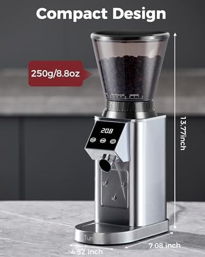 Tuni G1 Conical Burr Coffee Grinder, 48 Grind Settings Anti-static Burr Mill, Precision Electronic Timer and LED Touchscreen for Espresso/Drip/Cold Brew/French Press, Stainless Steel, Silver 7
