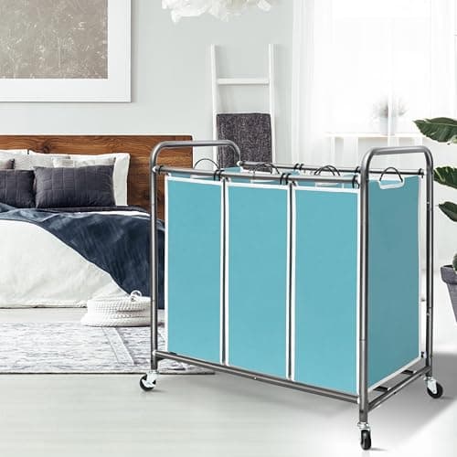 STORAGE MANIAC 3 Section Laundry Sorter, 35.9 Gal (136 L) Laundry Hamper Cart with Heavy Duty Rolling Lockable Wheels and Removable Bags, Clothes Organizer Basket Clothes Separator Hamper, Blue 7