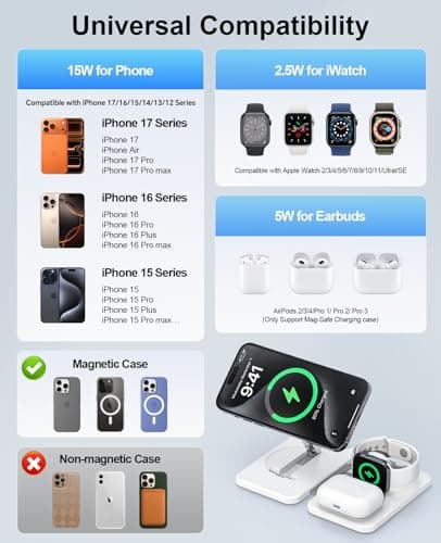 3 in 1 Magnetic Wireless Charger for Apple Multiple Devices, Foldable Fast Charging Station - Magsafe Charger Stand, Travel Charger Pad for iPhone 17 16 15 14 13 12 Series/Apple Watch/AirPods Pro 6