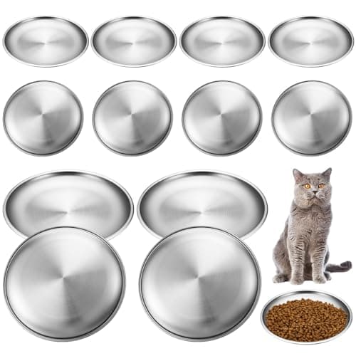 Domensi 12 Pieces Stainless Steel Cat Bowl Metal Pet Food Dish Beard Fatigue Relief Replacement Easy to Clean Indoor Wet Feeding Flat Plates for Dogs Kitten and Other Small Animals(6.7 Inch,Normal)