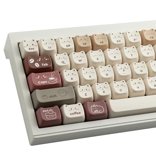 TYRIXKI PBT Keycaps 142 Keys Cute Keycaps Dye-Sublimation Coffee Cat Keycap Mao Profile Custom Keycap for Cherry Gateron MX Swithes Mechanical Gaming Keyboards