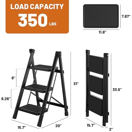 3 Step Folding Ladder, Heavy Duty 3 Step Foldable Ladder Step Stool for Adults with Wide Anti-Slip Pedal, 350LBS Sturdy Steel Ladder Kitchen Ladder Closet Step Stool Ladder Library Ladder, Black 5