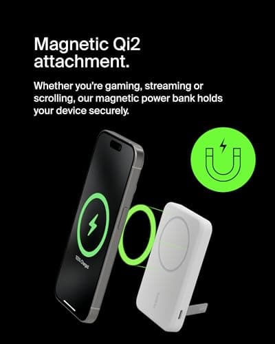 Belkin Portable Charger, Wireless Power Bank 15W 5000 mAh w/ Qi2 - MagSafe Charger w/Built-in Pop-up Kickstand - iPhone 17, Air, Pro, Pro Max, AirPods, Apple Watch, Google Pixel 10, etc. - White 9