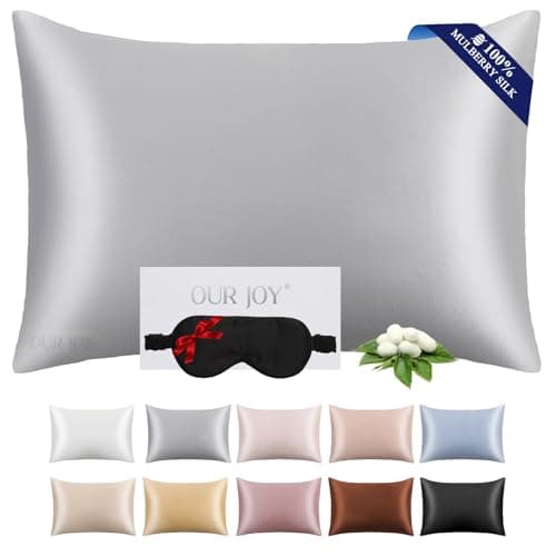 100% Mulberry Silk Pillowcase 22 Momme (SGS Certified) with Free Silk Eye Mask - Luxury Gift-Ready Folded Packaging, Cooling Pillow Cover for Hair & Skin Care (Silver Gray, Standard (1 Pack))