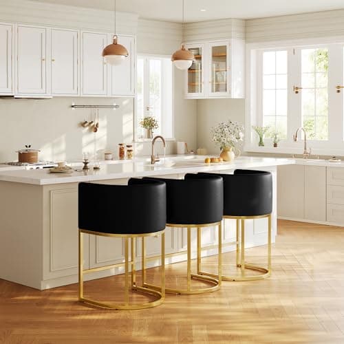 Lasigeli Modern Counter Height Bar Stools,Bar Stools Set of 3,Faux Leather Upholstered Barrel Barstools with Backs,26'' Kitchen Island Chairs,Metal Gold Frames,Black Leather